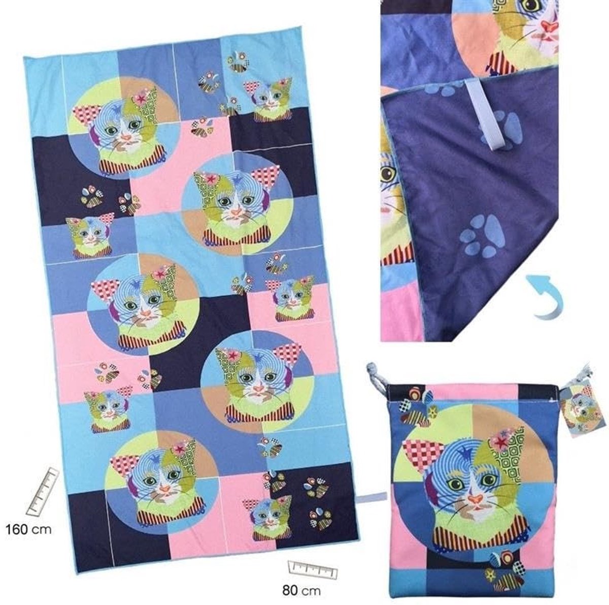 Omgoods - Microvezel Handdoek met Roze Katten - 80 x 160 cm