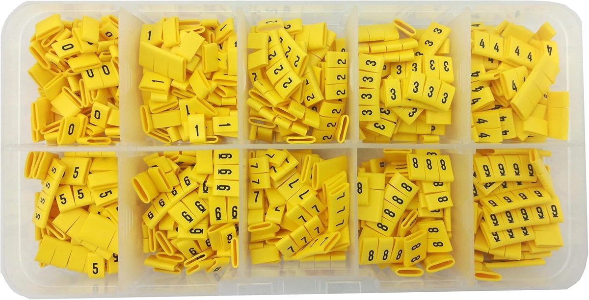 kabelmarkeringsclip, kabelmarkers, verpakt in een kunststof doos met 10 vakken (1000 stuks, kabelmarkers "0-9", afmeting 2,5 mm²)