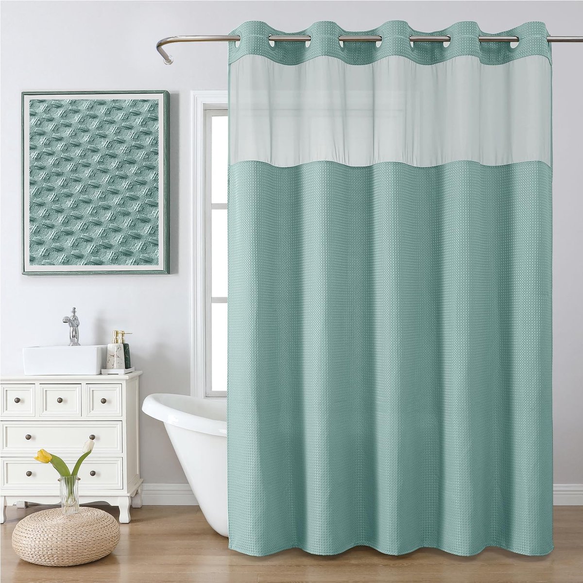 Omgoods - Waffle Douchgordijn met Mesh Venster 180 x 190 cm
