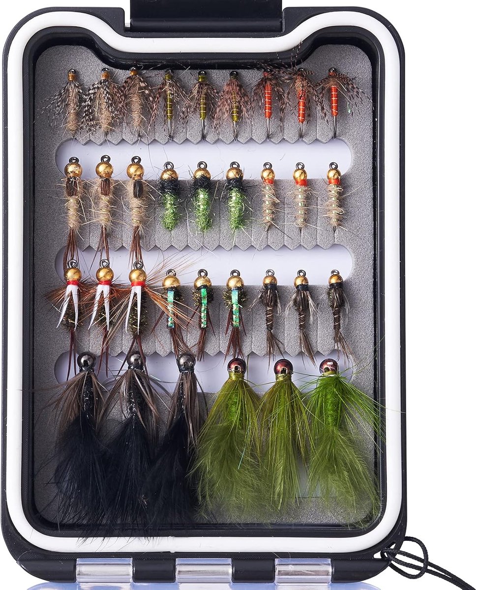 Kunstaas-set, doos, nimf beadhead, nat, droge vliegen, voor forel, baars, zalm (33 stuks baarsvliegen met/zonder weerhaken)