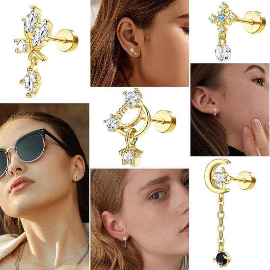 9 Stks Stud Oorbellen Voor Vrouwen 16G Kraakbeen Oorbellen Hart Ster CZ Dangle Oorbellen Vlinder Rvs Platte Terug Oorbellen Snake Boze Oog Tragus Helix Conch Piercing Sieraden — afbeelding 3