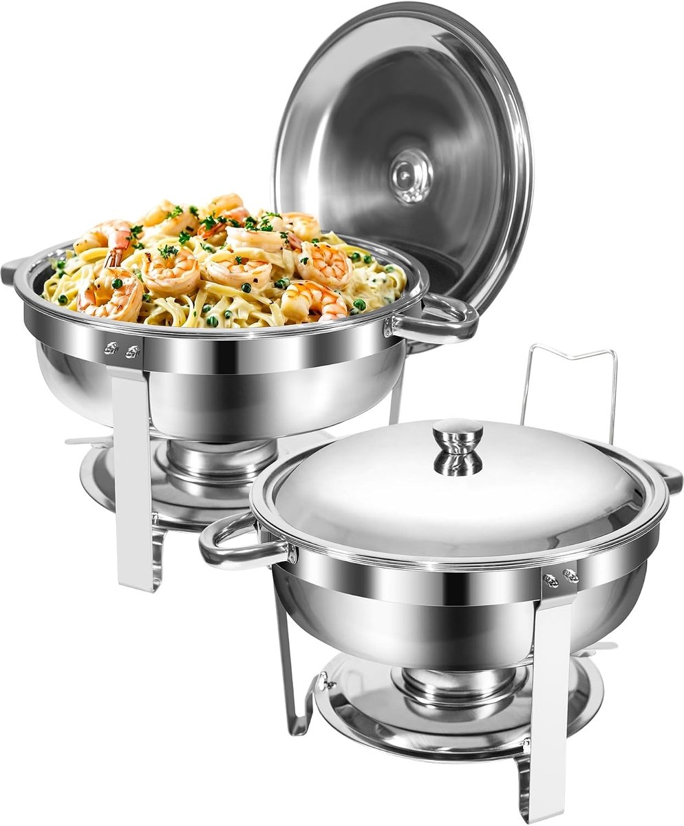 Dish Buffet Set 5L, 2 Pack Food-Grade RVS Ronde Chafing Gerechten [Rolled Edge Design], Voedsel Warmer Buffet met Deksel Houder voor Catering en Elk Feestje, Zilver