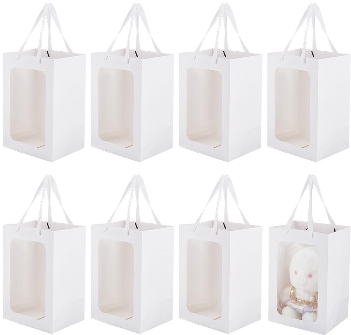 Omgoods- Geschenkzakjes Set van 8 - Kraftpapier met Venster - 30 x 20 x 16 cm - Handgrepen - Voor Verjaardag/Bruiloft/Feest - Cadeauzakjes