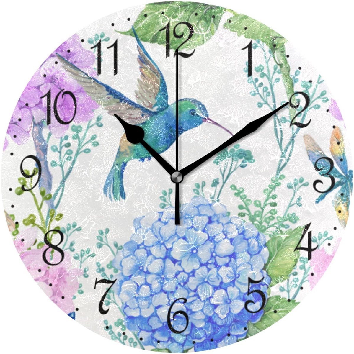 Omgoods - Wandklok met Watercolor Bloemen en Kolibrie - Stil en Decoratief
