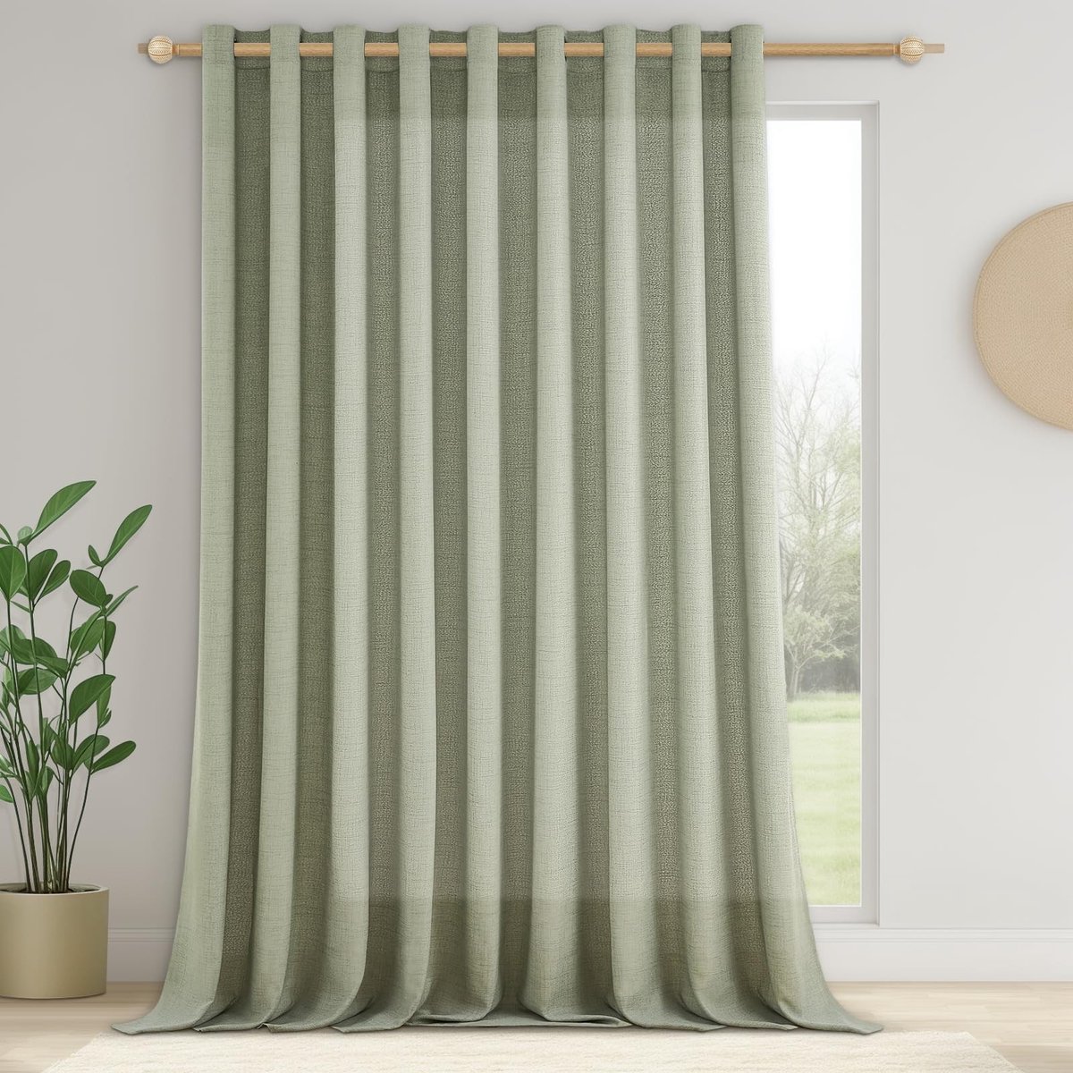 Linnengordijn met ogen, lichtdoorlatend, gordijn met ogen, saliegroen, 1 stuks, 245 x 300 cm (h x b), voile gordijnen, linnenlook voor woonkamer, slaapkamer, grote raamgordijnen, woonkamer