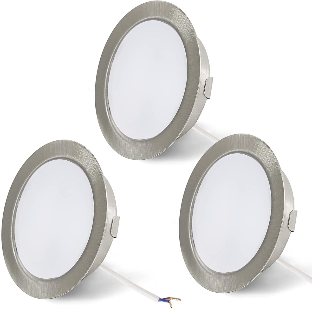 Set van 3 meubellampen, 12 V, 3,5 W, inbouwspot voor platte meubels, G4 LED, 3000 K, warmwit, geborsteld nikkel, dimbaar, alternatief voor halogeenlampen