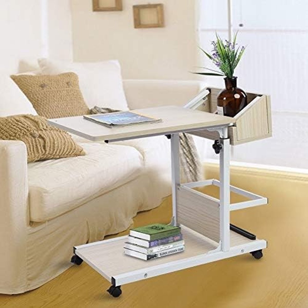 Omgoods- Laptopbureau Afneembaar - Draagbaar - Wieltjes - Hoogwaardig MDF - Verstelbare Hoogte 50-80 cm - Multifunctioneel - Bijzettafel