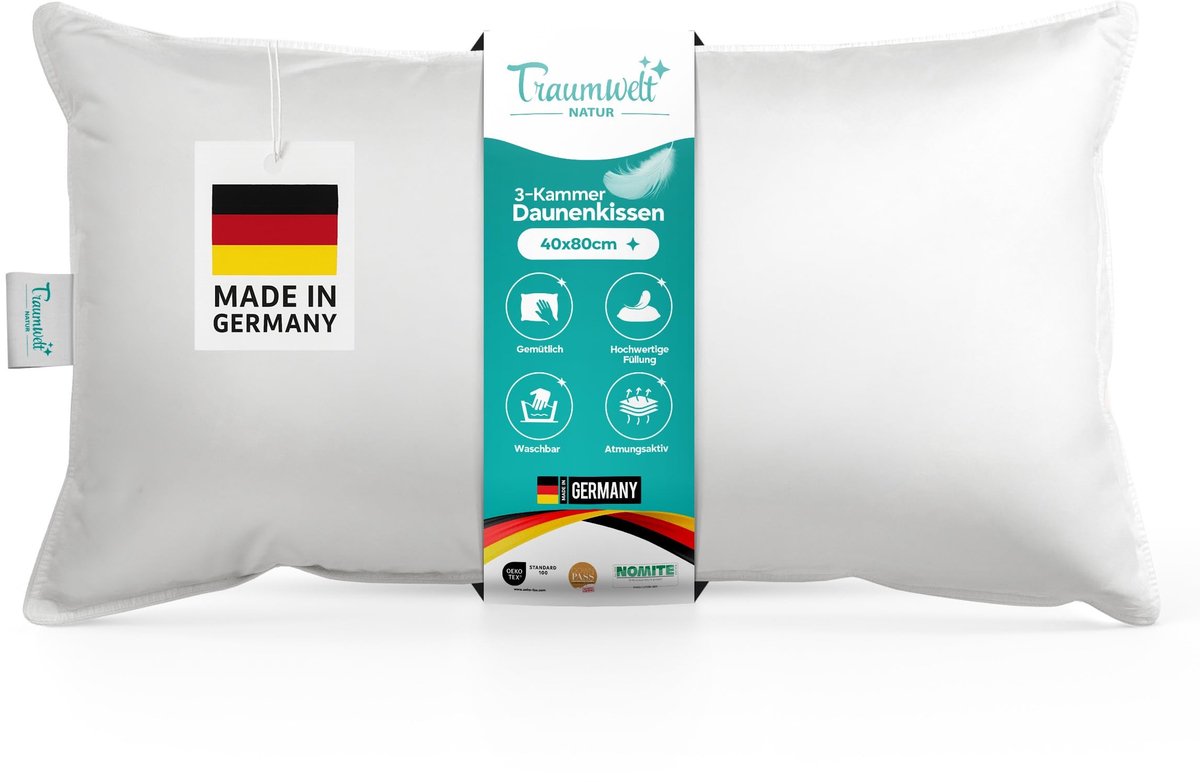 Omgoods - Made in Germany 3-Kamer Donskussen, 40 x 80 cm, Allergievriendelijk en Öko-Tex Gecertificeerd