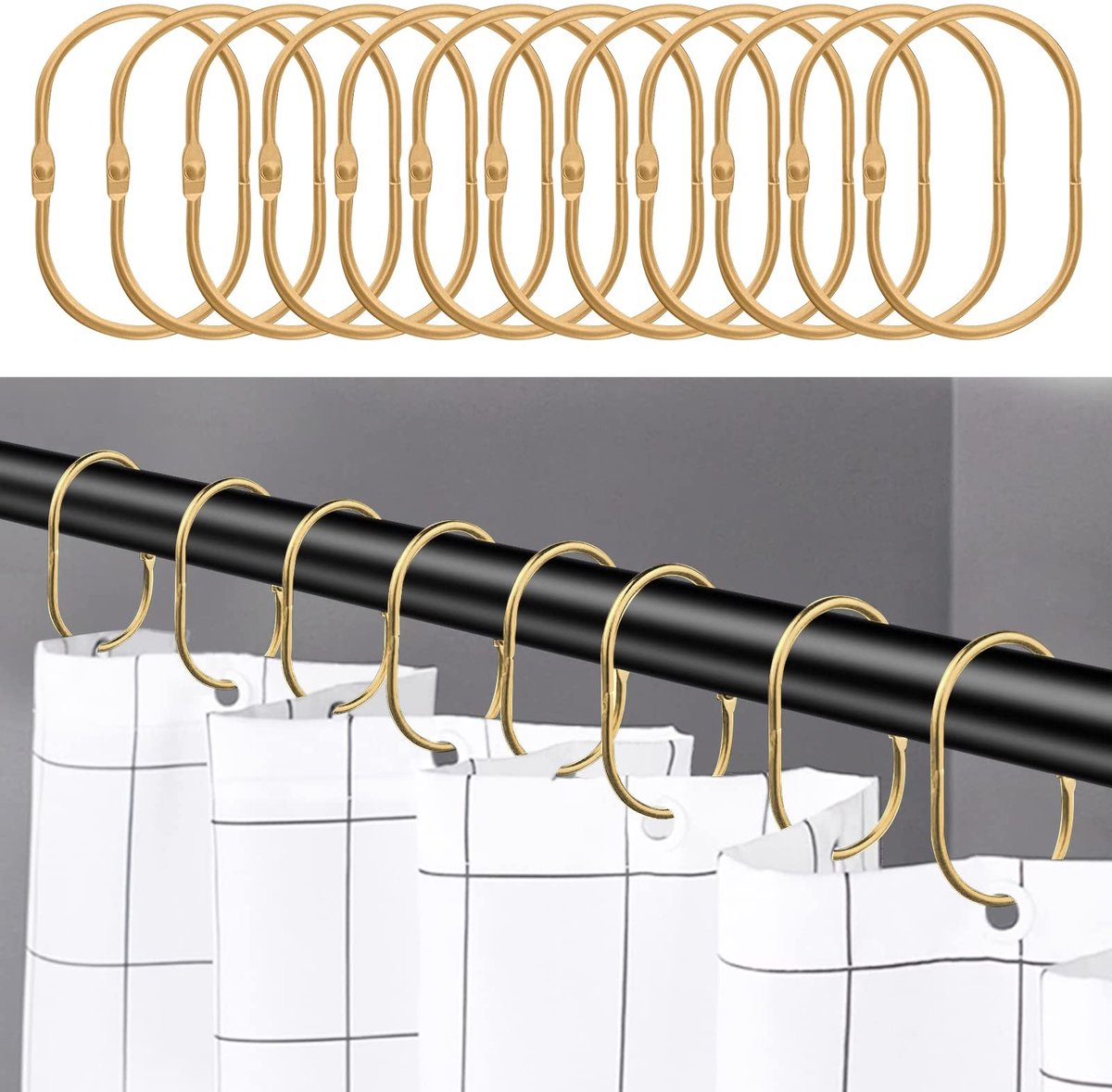 Omgoods - Set van 24 Gouden Douchegordijn Ringen, Roestvrijstalen Haakjes