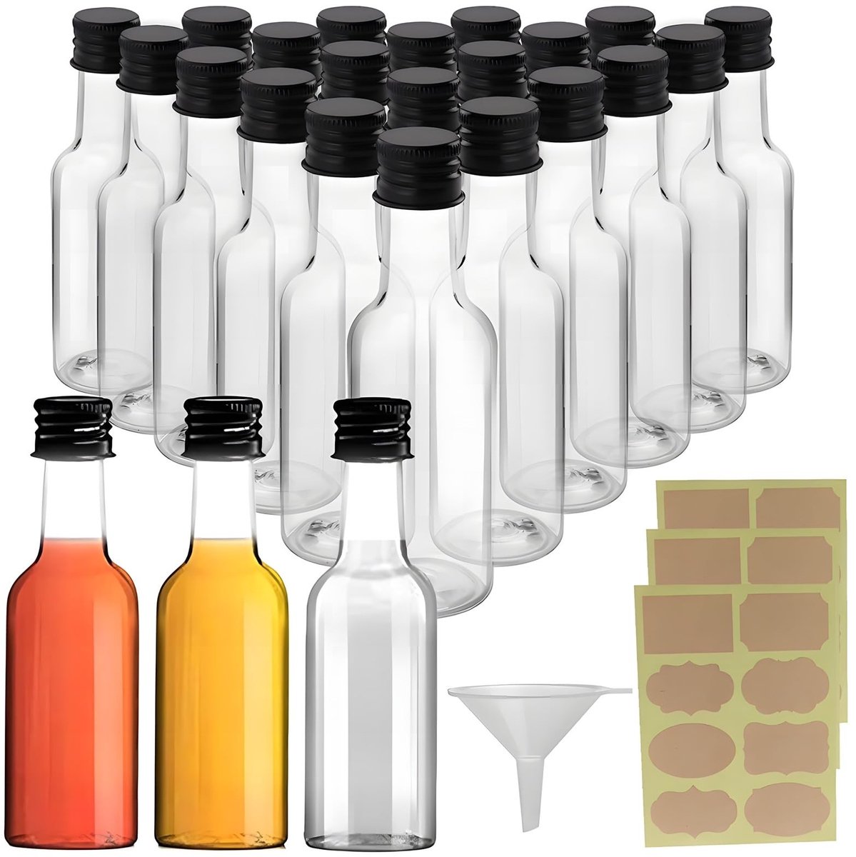 Omgoods- Likeur Flesjes 24 Stuks - Herbruikbare Mini Plastic Flessen 50ml - Zwarte Schroefdoppen - Labels - Trechter - Geschikt voor Feesten
