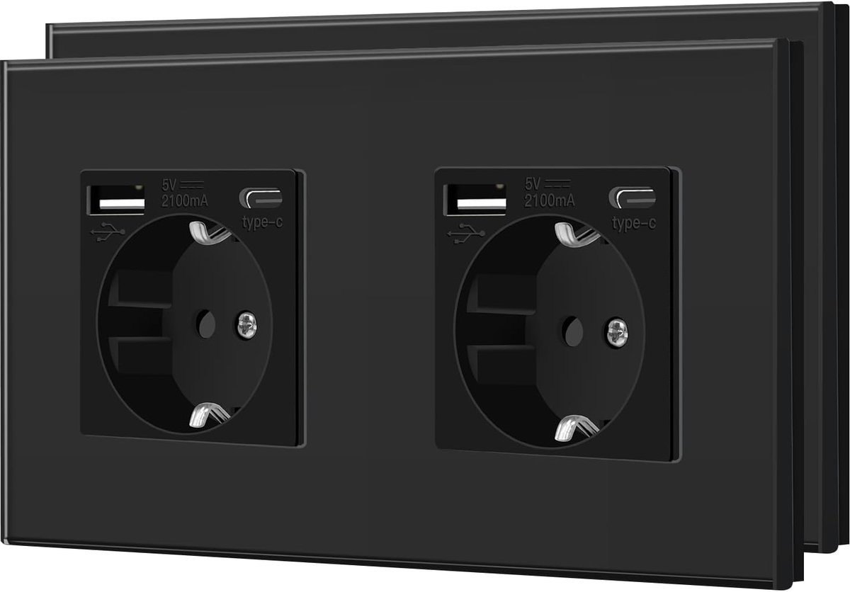 Schuko wandcontactdoos, standaard met 2,1 A Usb C, glaspaneel