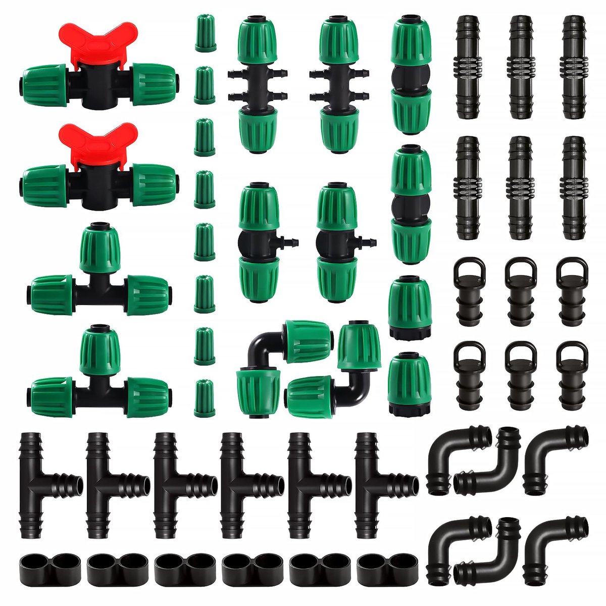 52 Stuks Drip Irrigation Fittings Kit voor 13/16 mm tot 4/7 mm Irrigatiebuis, Druppelirrigatie Prikkeldraad Connectors, met Schakelklep, T-stukken, Elleboog, Recht, 6-Weg, Eindplug, Groen
