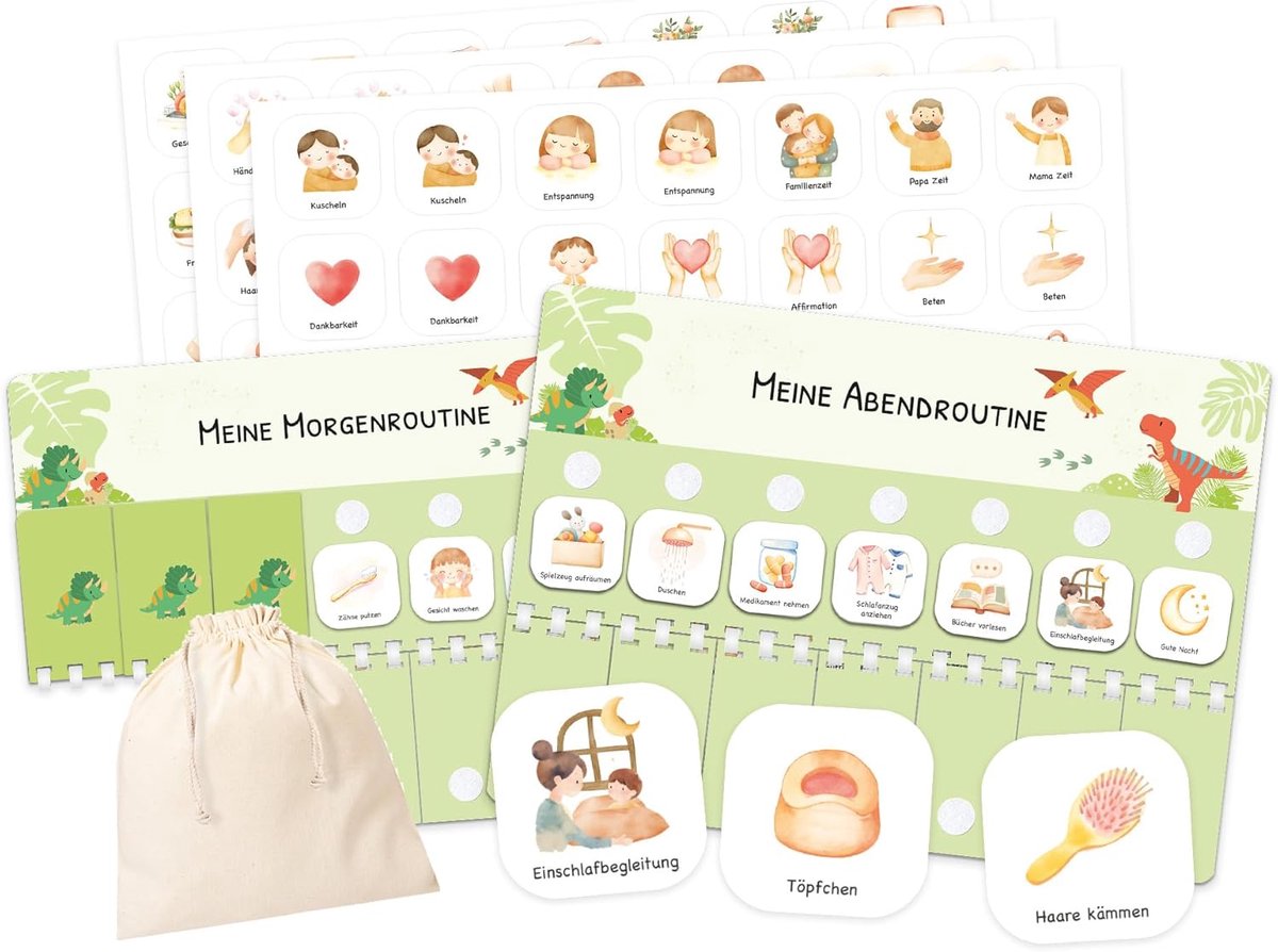 Planner voor kinderen, voor ochtendroutine en avondroutine - routineplanner, dagplan voor kinderen met klittenbandpunten en 105 symbolkaarten, Montessori-planner, routinehulp om in te klappen