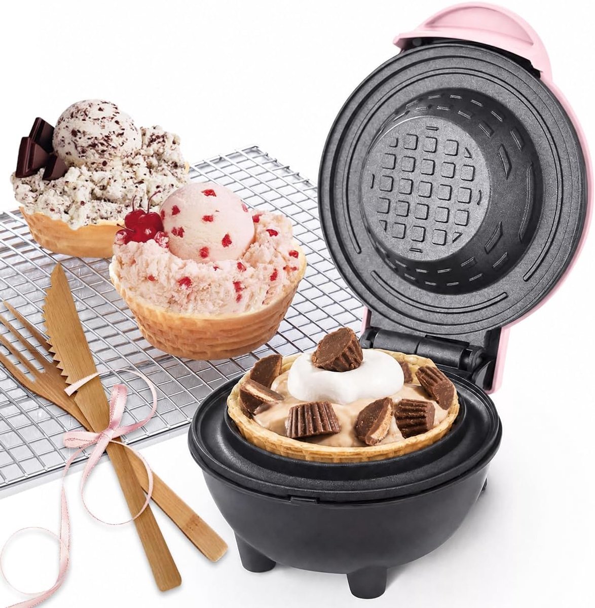 Waffle Bowl Maker(Pink), 4'' Small Waffle Cup Machine for Ice Cream Sundaes, Taco Bowls & Desserts, 350W Fast Heating Non-Stick Wafflera, Compact Gift for Kids, Family & Breakfast
