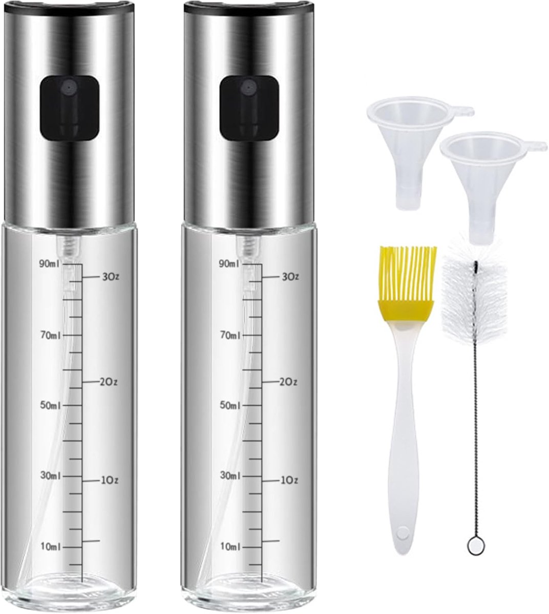 2 Pack Olie Spuitfles, 100 ml Oliesproeier Mister Kleine Olijfolie Spritzer met 1 Olie Borstel & 1 Reinigingsborstel & 2 trechters voor Keuken Koken, BBQ, Salade, Air Fryer, Roosteren