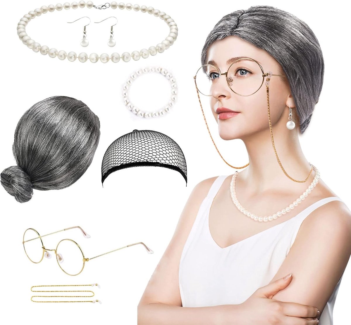 7 stuks oude dame kostuum set oude dame cosplay met grijze oma pruik oma bril armband ketting oorbellen voor Halloween carnaval maskerade podiumoptredens fancy dress accessoires (grijs)