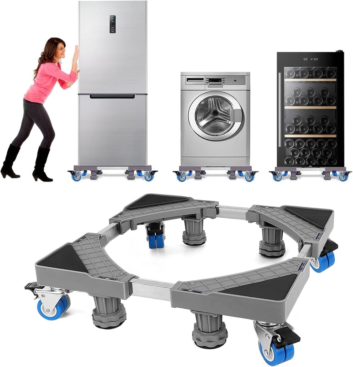 Wasmachinebasis met 4 Wielen, wasmachine onderstel verstelbaar, basis voor wasmachine, max. 300 kg, verstelbare breedte 41.5-65 cm, hoogte 9-12 cm wasmachine voeten