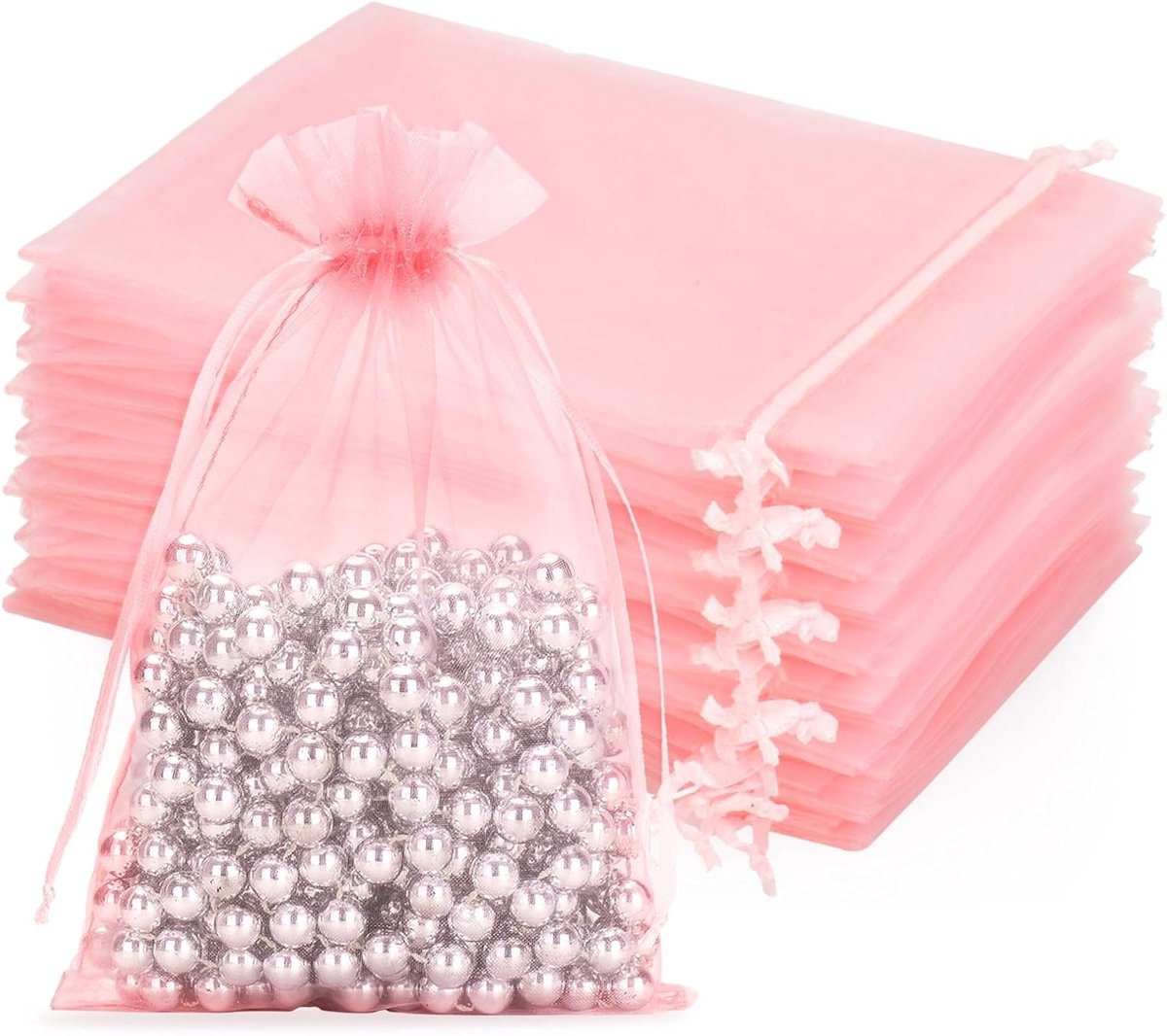 jijAcraft Babyroze grote organzazakjes, 13 x 18 cm, cadeauzakjes met trekkoord, transparante sieradenzakjes, 50 stuks, organzazakjes, bruiloft, om te vullen, cadeau, bonbon