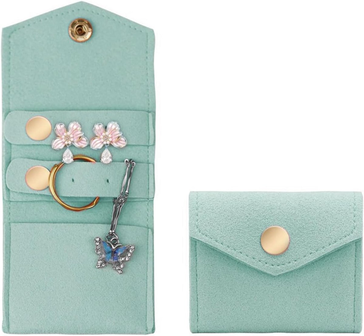 Klein reis-sieradenkistje Rol Opvouwbaar sieradenkistje Rol Microvezel sieraden organizer tas Draagbaar sieradenzakje voor ringen, halskettingen, oorbellen (Groen)