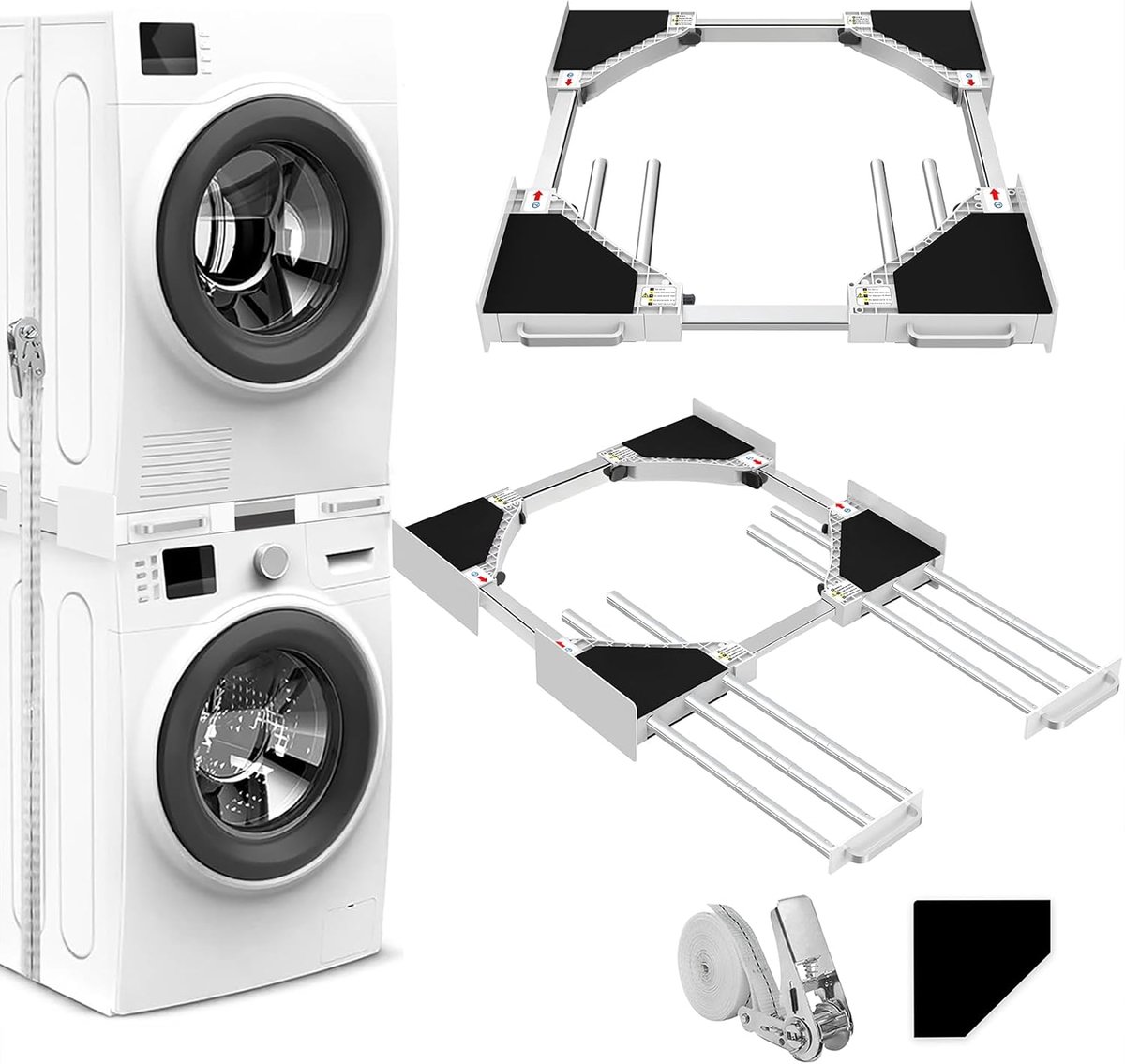 Stapelset voor wasmachine en droger, met 6 uittrekbare buizen | Universeel tussenframe voor wasmachine en droger, met rateltouw, verstelbare maat (breedte 56-69 cm)