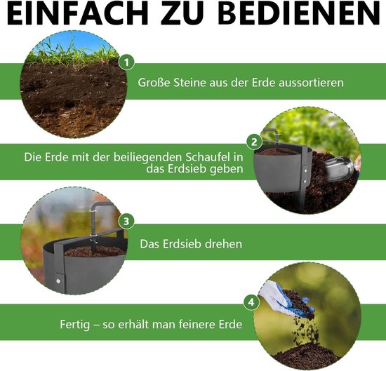 Tuinzeef met handslinger, metaal, diameter 30 cm, met 4 zeven (3/6/9/12 mm), efficiënte zeef voor aarde, stenen, zand, compost, onkruid – verwisselbare zeef voor tuinieren — afbeelding 2