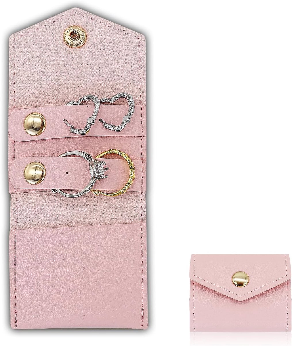 Rollen, opvouwbare sieradenorganizer, tas, draagbare sieradentas voor reizen, sieradenkistje voor ringen, halskettingen, oorbellen (roze)