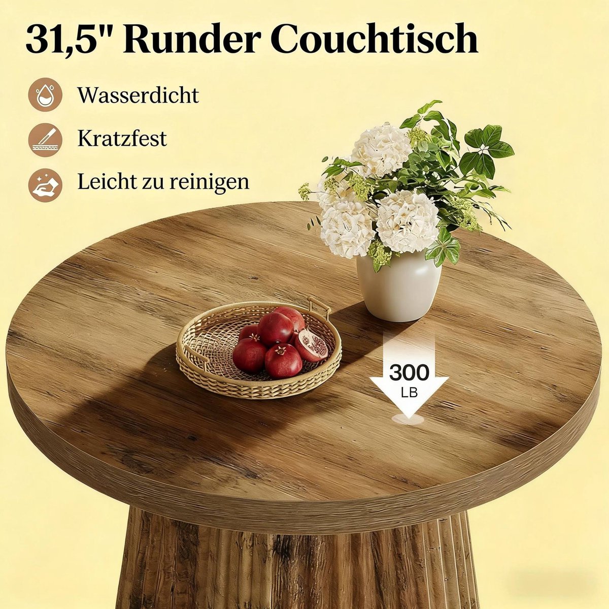 COVREO Salontafel 80 cm rond, bruin MDF met riffelzuil en 136 kg draagvermogen