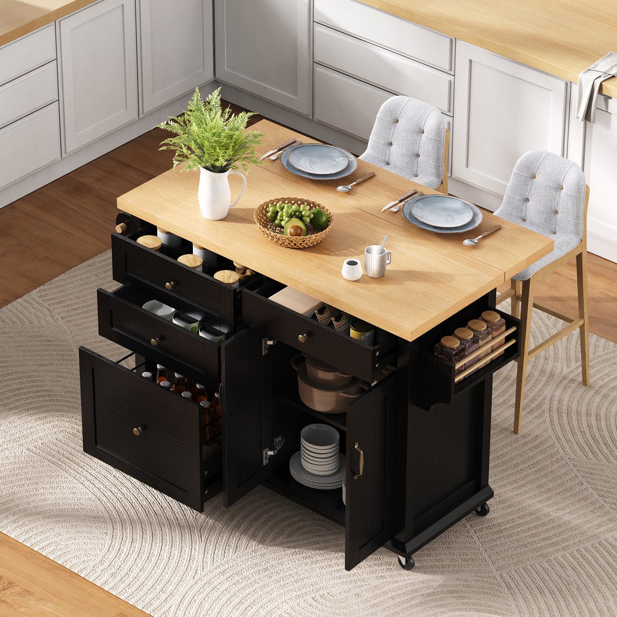 Wishdor - Keukenkast - Uitschuifbaar werkblad - Laden en kastdeuren - Scandinavische stijl - Keuken en eetkamer - Houtlook - Zwart naturel - 107 x 45-70 x 90,5 cm