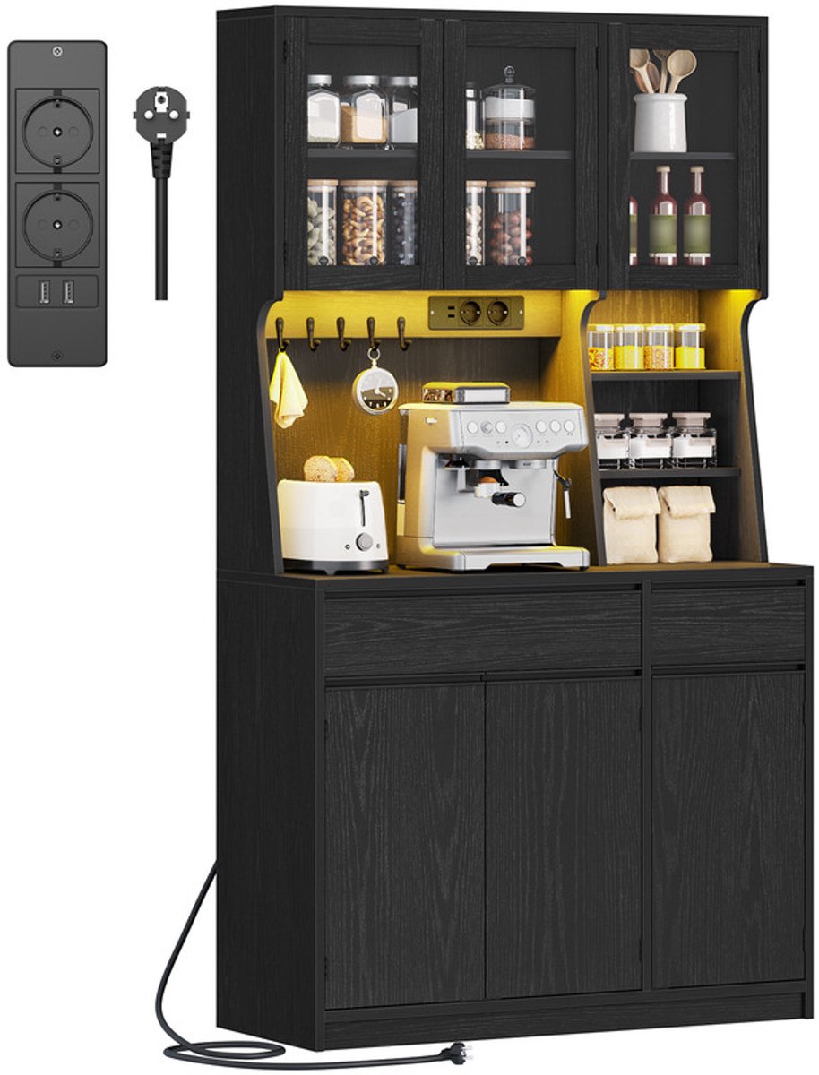 Hzuaneri Keukenkast, Stekkerdoos en Led-Lichtstrip, Zwart,Huishoudelijke Kast, Buffetmeubel, Werkblad en 2 Laden, Verstelbare Planken, 40 x 100 x 180 cm
