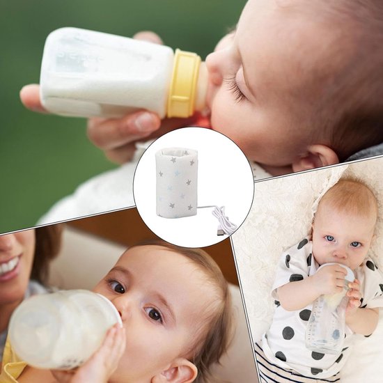 USB babyfles verwarmhoes sterrenpatroon wit met grijze sterren, draagbare universele fleswarmer voor auto en reis, zachte stof verwarmzak voor baby zuigflessen — afbeelding 2