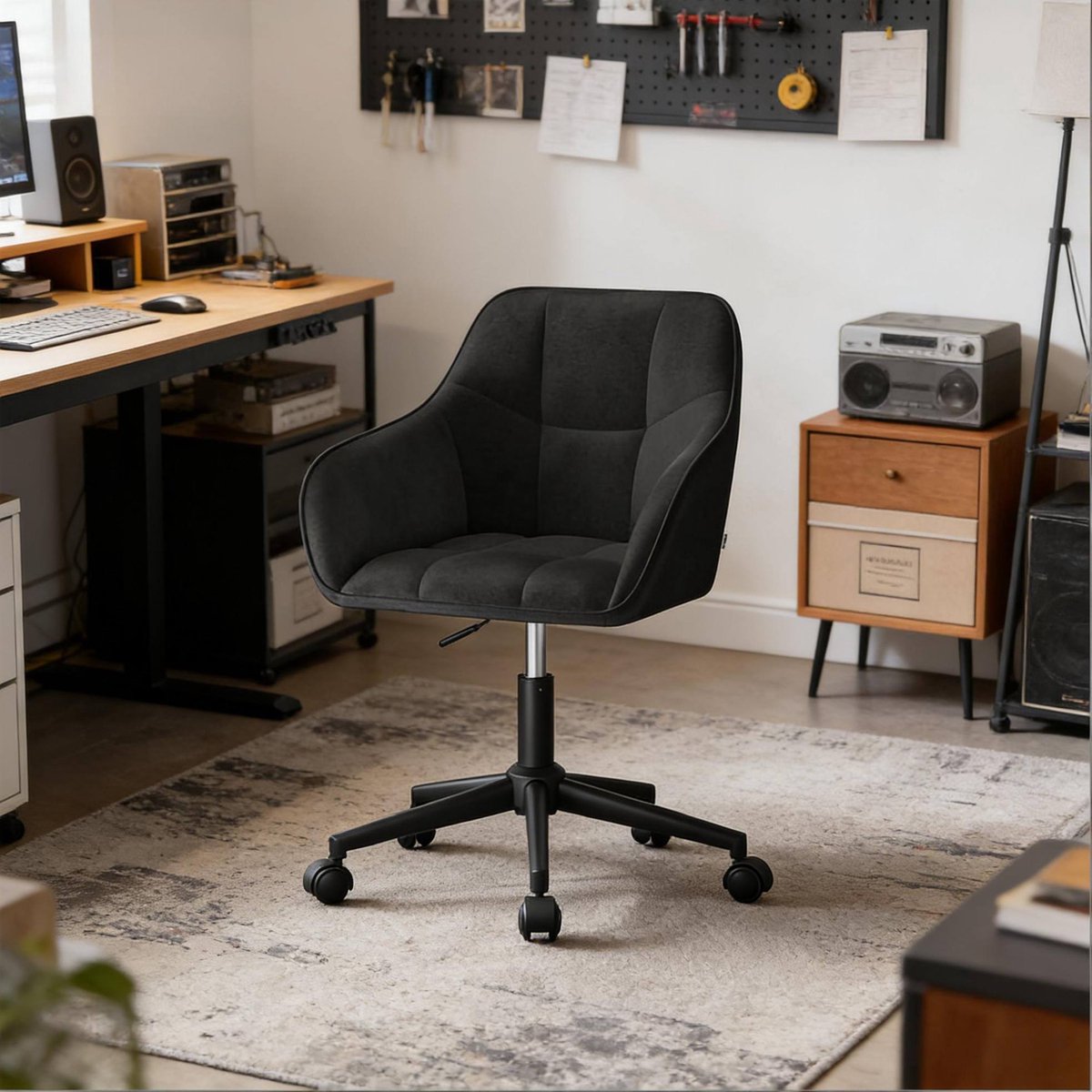 REDOM-Bureaustoel - Ergonomische rugleuning en vaste armleuningen - 360° draaibaar en in hoogte verstelbaar - Met wielen - Metaal en velvet - Zwart - 48-57 cm
