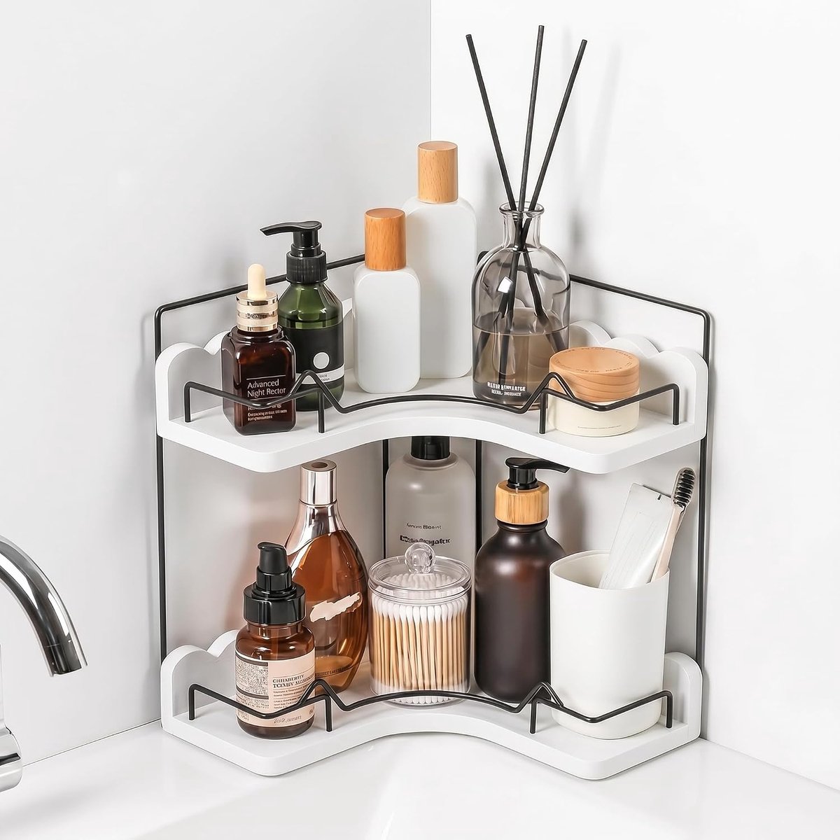 SnelShoppen - 2-laags massief houten hoekorganizer met elegante geschulpte rand, vochtbestendig met anti-val hekken en anti-slip pads voor badkamer en
