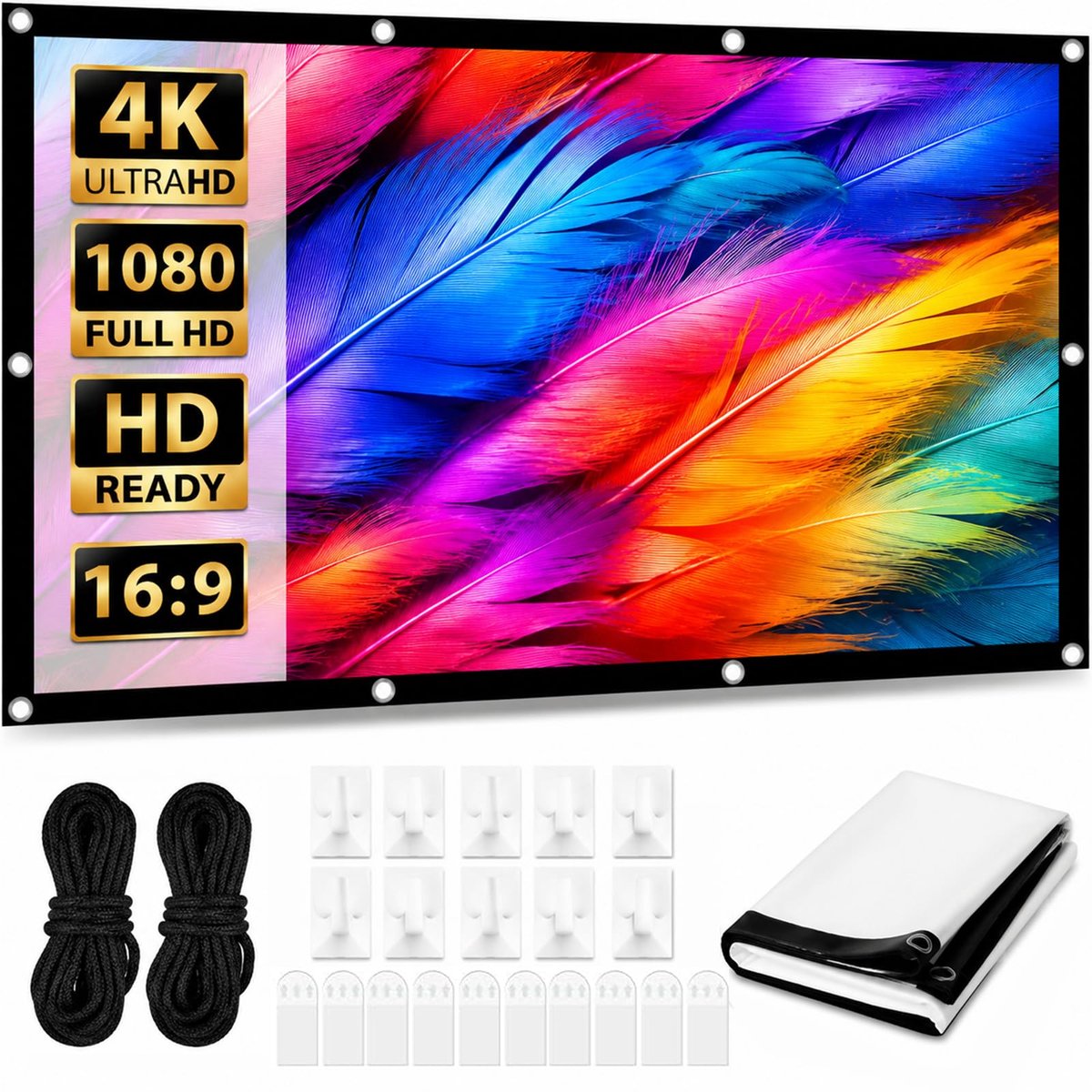 SnelShoppen - Beamer Scherm 100 Inch, 16:9 4K HD Opvouwbaar en Kreukvrij voor Feesten, Kamperen, Tuin en Thuisbioscoop