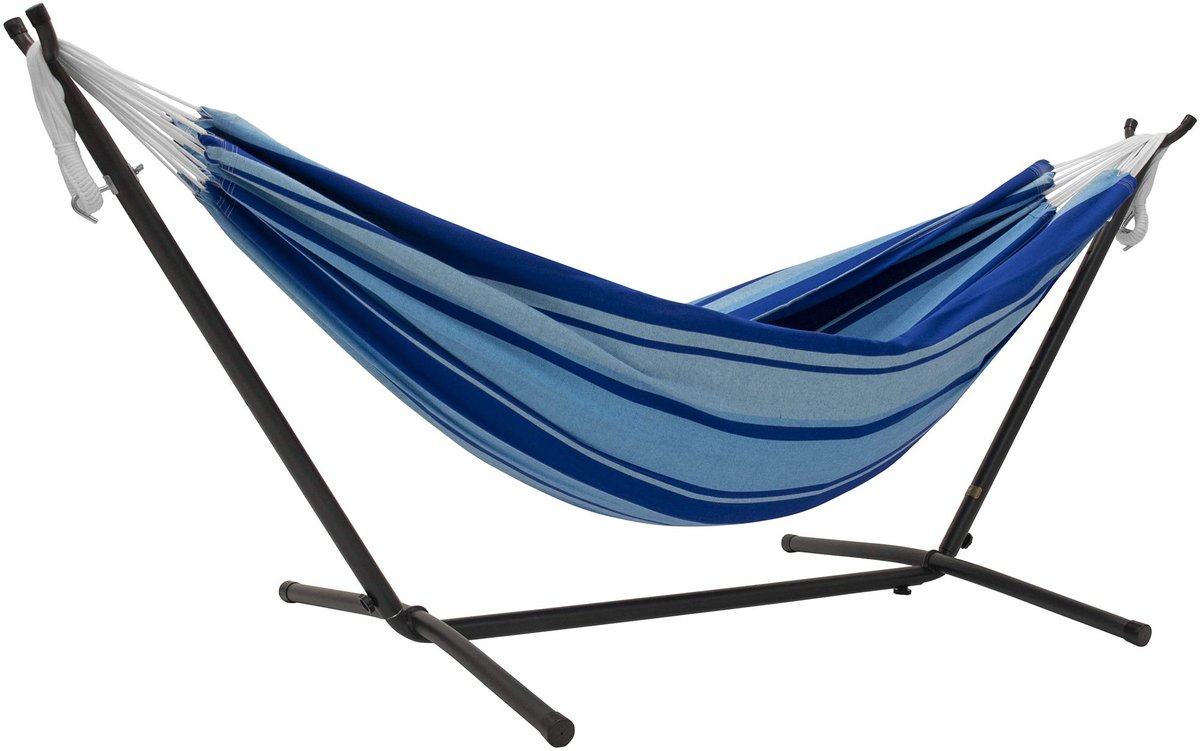 SnelShoppen - Katoenen hangmat met standaard 250 cm - Dubbele hangmat Island Breeze voor tuin, camping, relaxen, draagtas, stevig en duurzaam staal