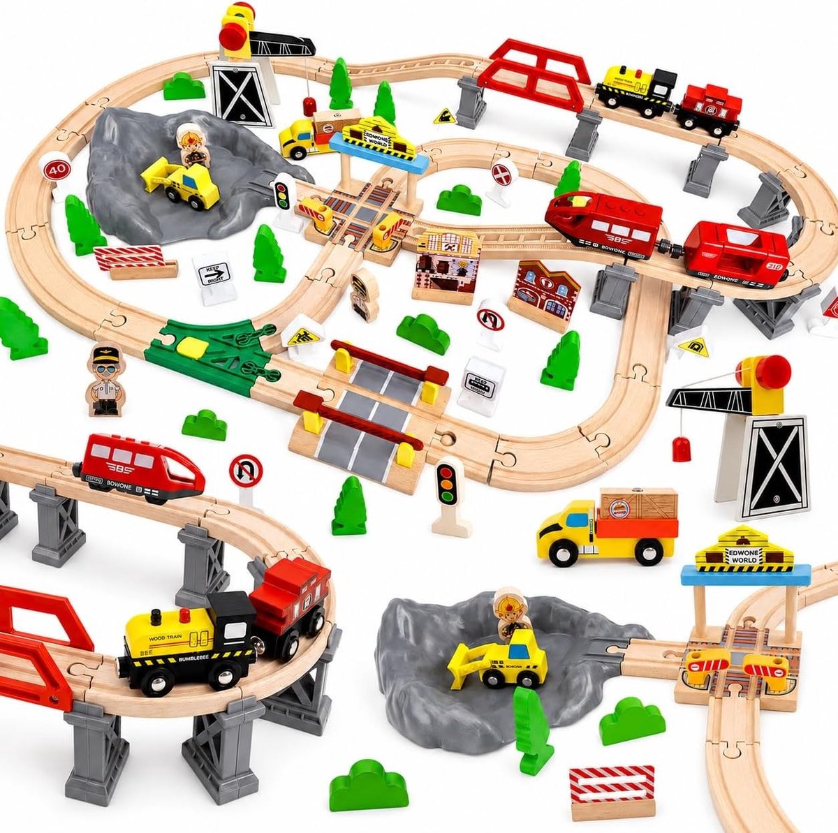 Houten Treinset voor Kinderen met 100 Stukken Houten Spoor, Elektrische Trein en Magnetische Tap, Speelgoed voor Verjaardag en Kerst voor Jongens en Meisjes vanaf 3 Jaar