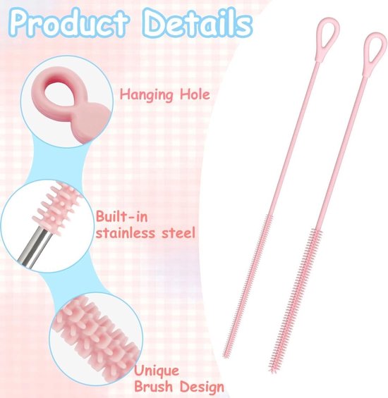 Set van 2 Silicone Flessenborstels voor Babyflessen, Waterflessen en Thermosflessen - Inclusief 6 mm en 9 mm Rietjesborstels — afbeelding 2