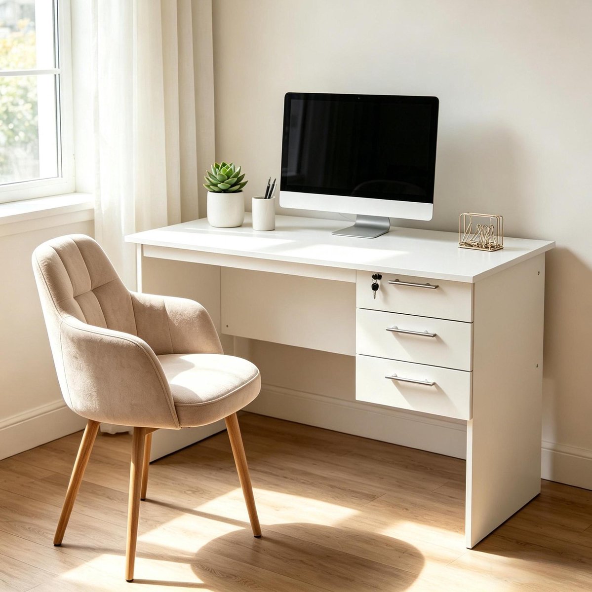 COVREO Computerbureau 120x60 cm wit, hout met 3 lades opbergruimte