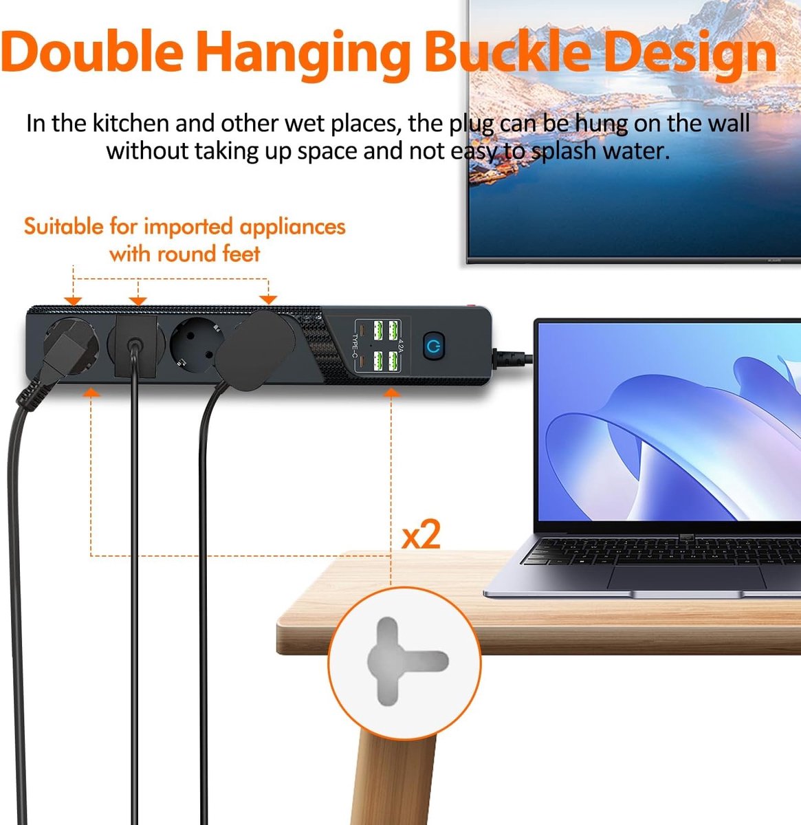 Stekkerdoos met USB-C en USB-A - Wit - 1,8 m - 4-voudige Wandmontage met Overspanningsbeveiliging - Voor Thuis en Kantoor