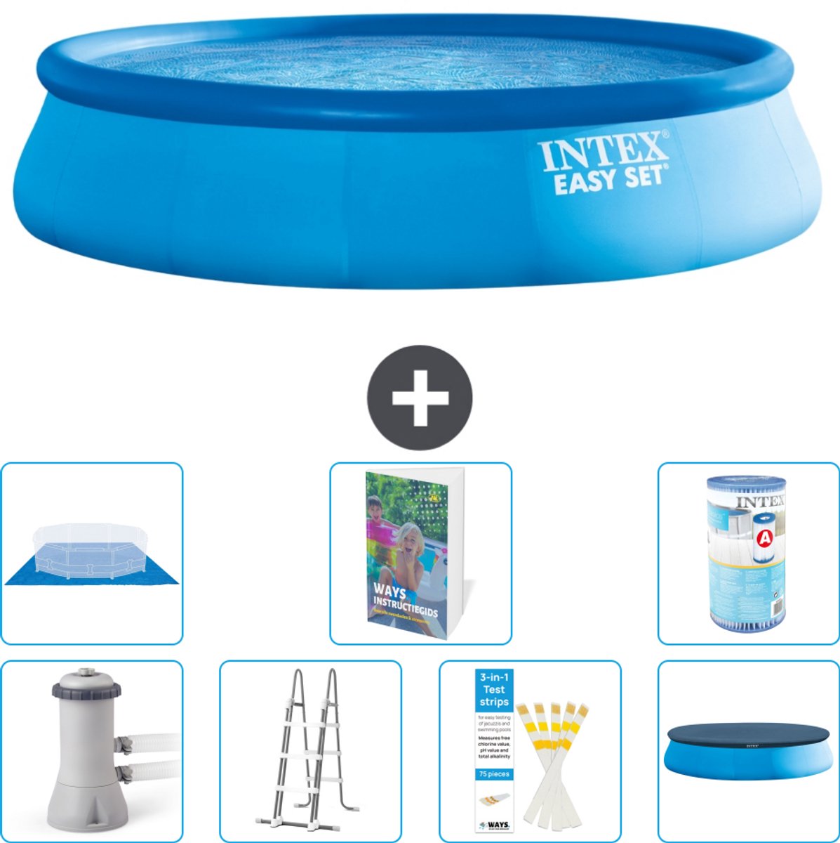 Intex Rond Opblaasbaar Easy Set Zwembad - 457 x 107 cm - Blauw - Inclusief Pomp - Ladder - Grondzeil - Afdekzeil - Filter - 8-delig