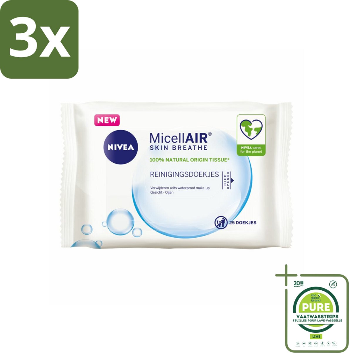 3 x NIVEA - Reinigingsdoekjes - 3-in-1 Micellaire Doekjes - Verwijdert Waterbestendige Make-up - 25 Doekjes - Grootverpakking - NIVEA Reinigingsdoekjes - Micellair Doekjes - Make-up Remover - Gezichtsreiniger - Vitamine E