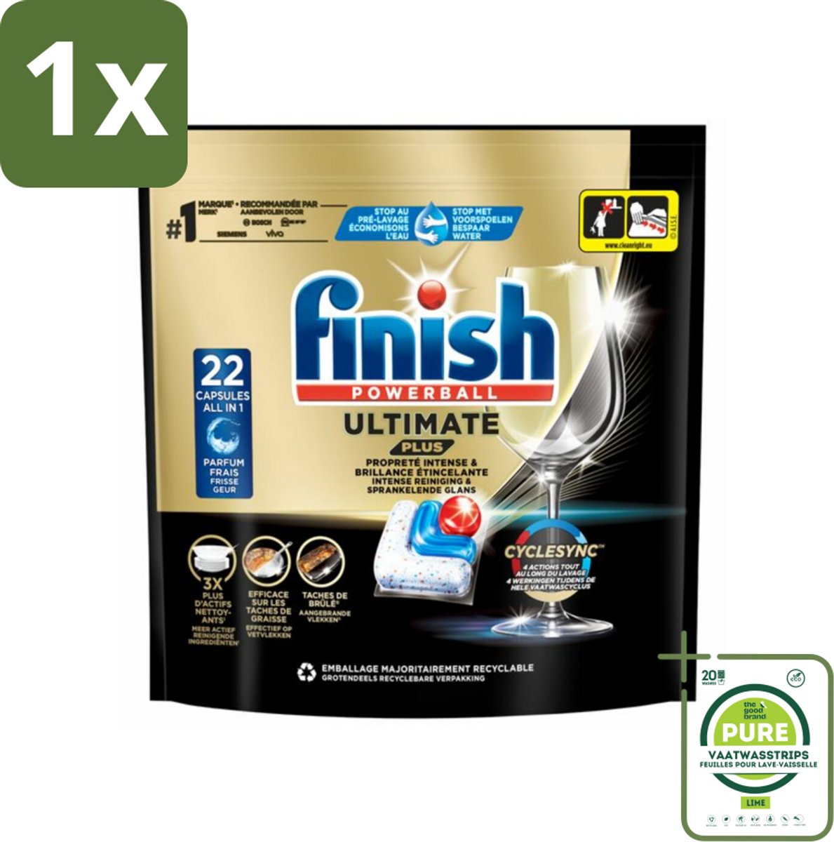 1 x Finish - Vaatwasmiddel - Ultimate Plus Vaatwastabletten Regular - Krachtige Alles-in-1 Reiniging - 22 capsules - Vaatwastabletten - Vaatwascapsules - Vaatwasser - Vaatwasmiddel - Glans