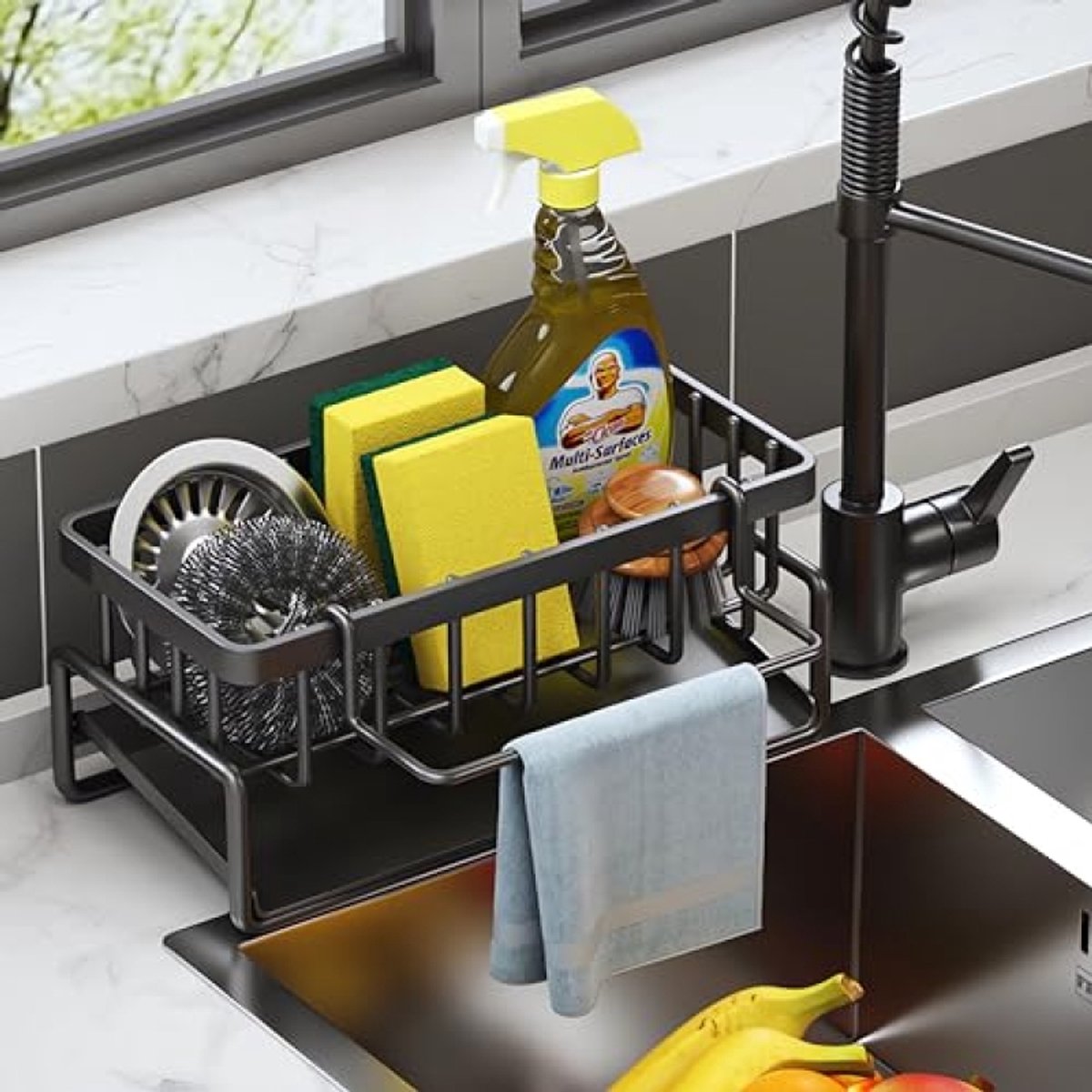 Huis Geluk Gootsteenrek - Keukenorganizer met Sponshouder en Afdruiprek, Zwart
