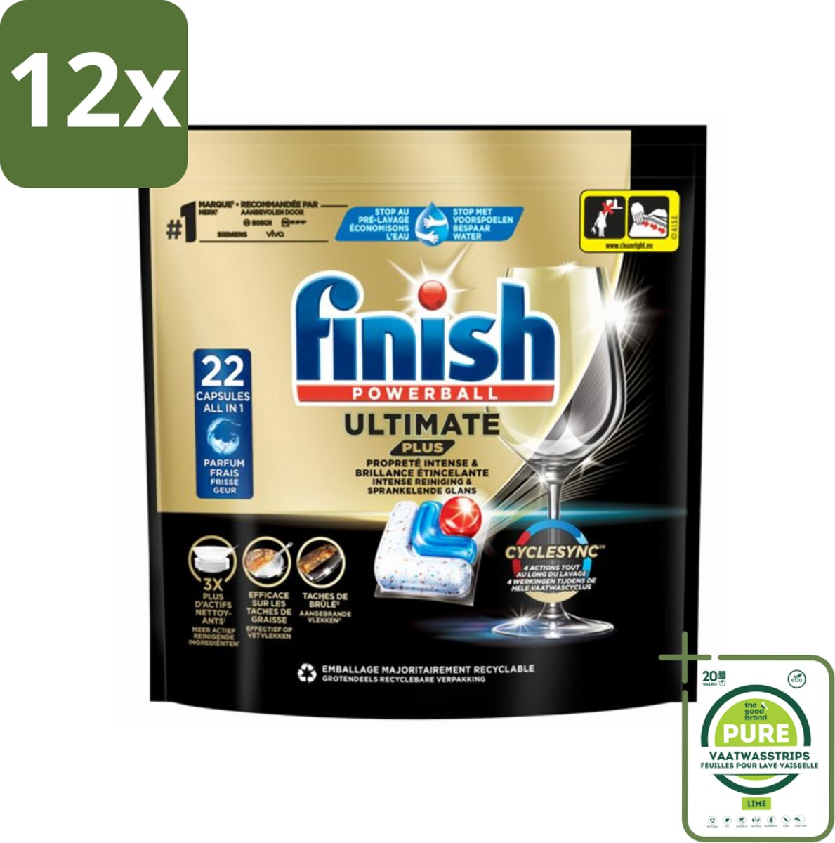 Finish - Vaatwasmiddel - Ultimate Plus Vaatwastabletten Regular - Krachtige Alles-in-1 Reiniging - 22 capsules - Voordeelverpakking - 12 stuks - Vaatwastabletten - Vaatwascapsules