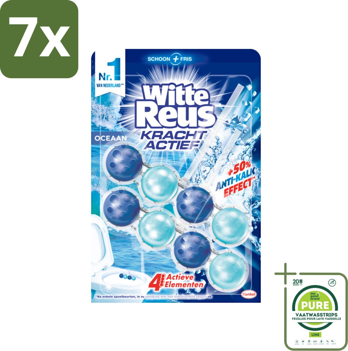 7 x Witte Reus - Kracht Actief WC Blok - Oceaan Boost - 2 Toiletblokken - Grootverpakking - Toilet Schoonmaak - Toiletblok - Frisse Geur - Oceaan Geur - Reinigingstechnologie