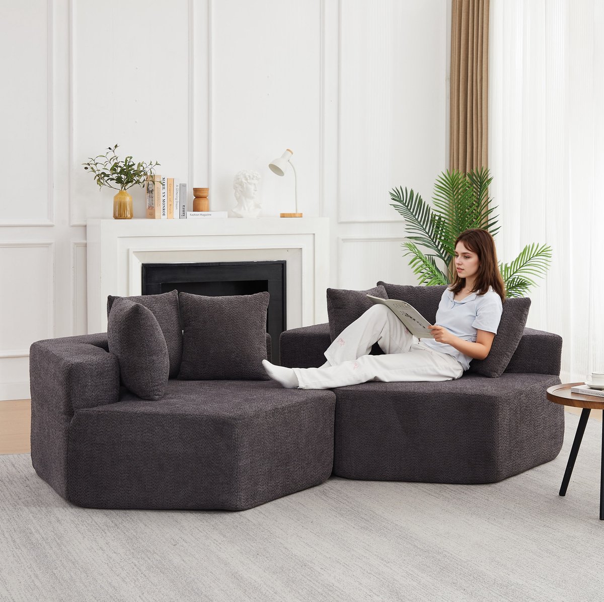 MEUNIQ Modulair hexagonaal fauteuil van chenille in grijs met drie kussens, modern loungezitje voor de woonkamer