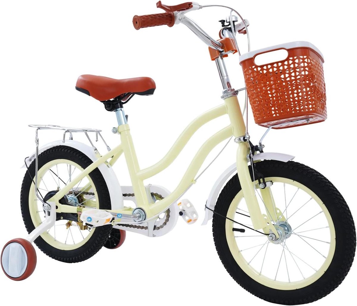 Kinderfiets Kinderfietsje Meisjes Fiets Veilig Leren Fietsen Inclusief Mandje Stabilisatoren 14 inch Beige