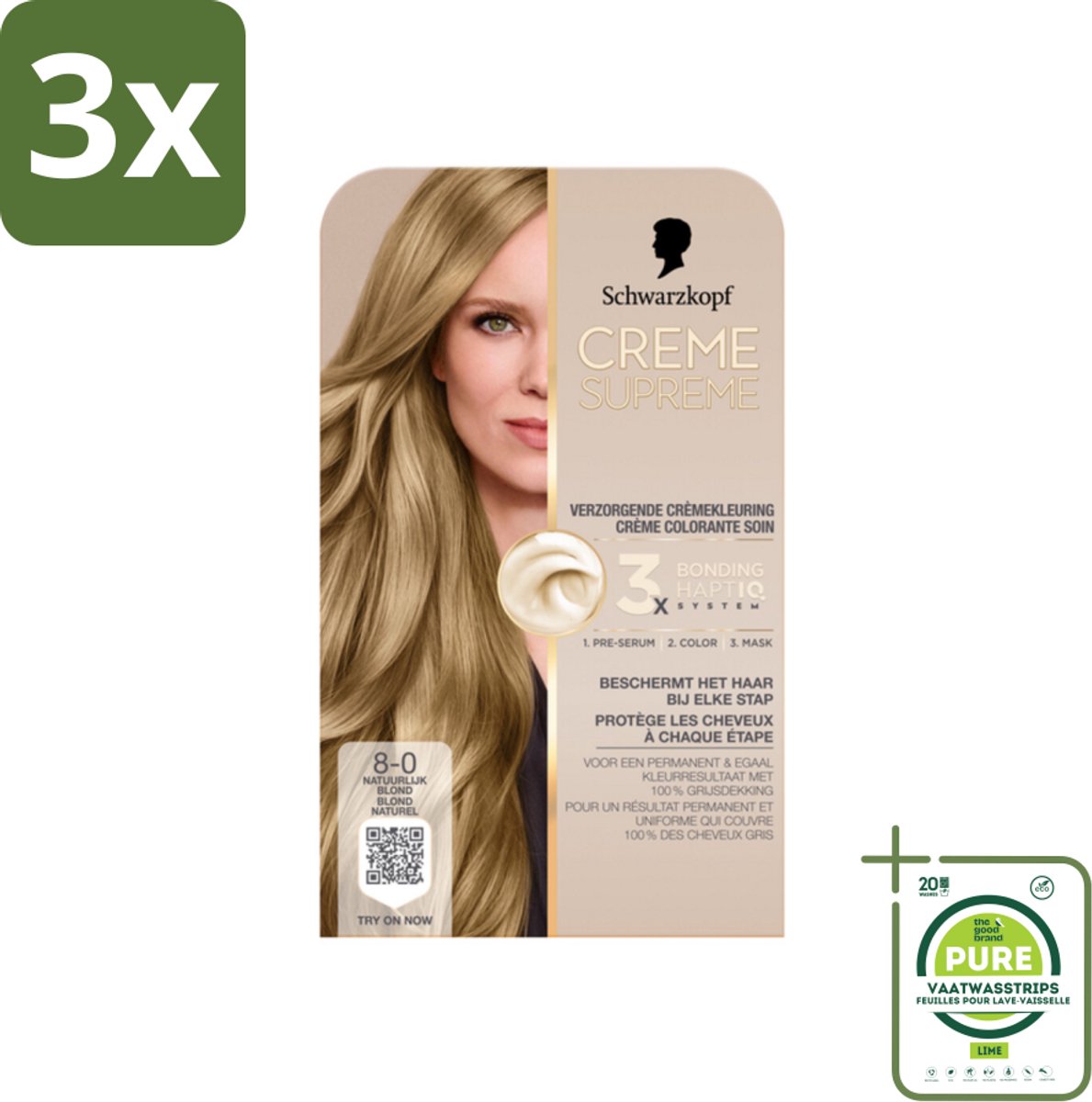 3 x Schwarzkopf - Haarkleuring - Creme Supreme 8-0 - Natuurlijk Blond - 245g - Grootverpakking - Permanente Haarkleuring - Blond Haar - Grijsdekking - Haarkleur - Verzorging Haarkleuring