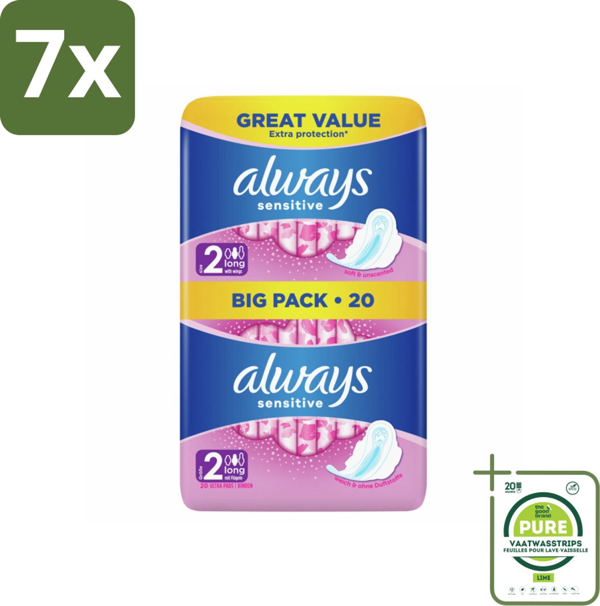 7 x Always - Maandverband - Long - Sensitive - 20 Maandverband - Grootverpakking - Maandverband - Maandverband Gevoelige Huid - Always Sensitive - Ultra Lang - Extra Bescherming