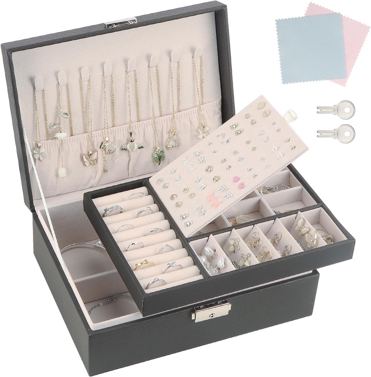 SnelShoppen - TEIVUL Sieradendoos 2-laags met Sleutels, PU-lederen Sieradenorganizer voor Halskettingen, Oorbellen, Armbanden, Ringen - Ideaal voor Vr