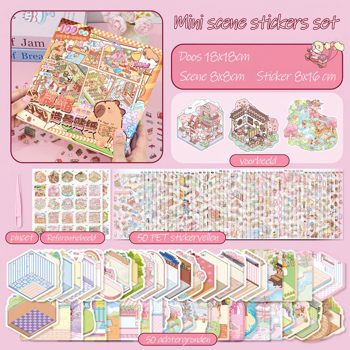 Ainy - Scene 3D Sticker set mini | Inclusief Pincet | Stickerboek set van 50 achtergronden 8*8cm met PET Stickers | Capibara & Vrienden miniatuur sticker | Creatief & Rustgevend